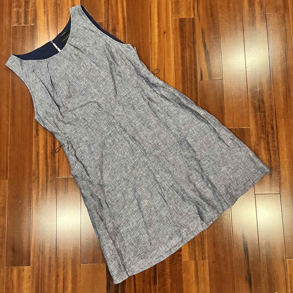 Tahari Chambray Blue Linen Dress Sleeveless Pocket Midi Knee Length Pocket Sz 14